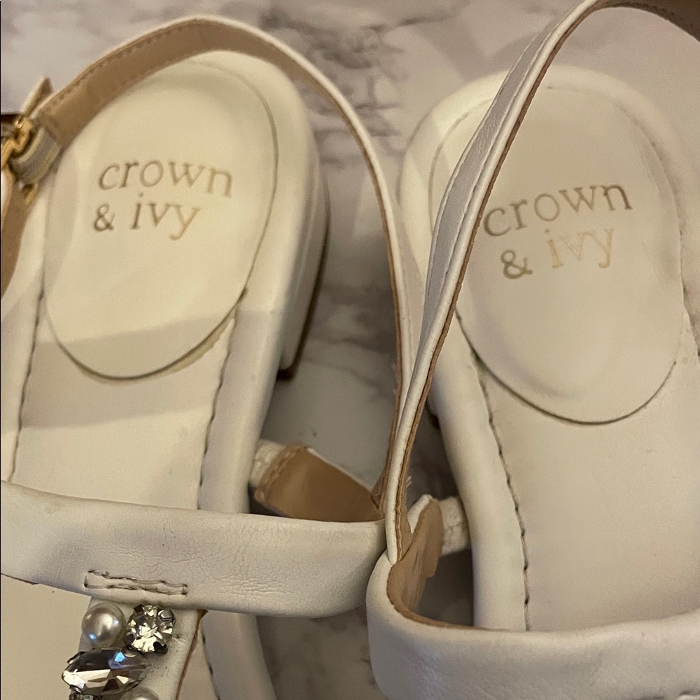 crown & ivy White Jeweled T-Strap Sandals - Picture 5 of 5